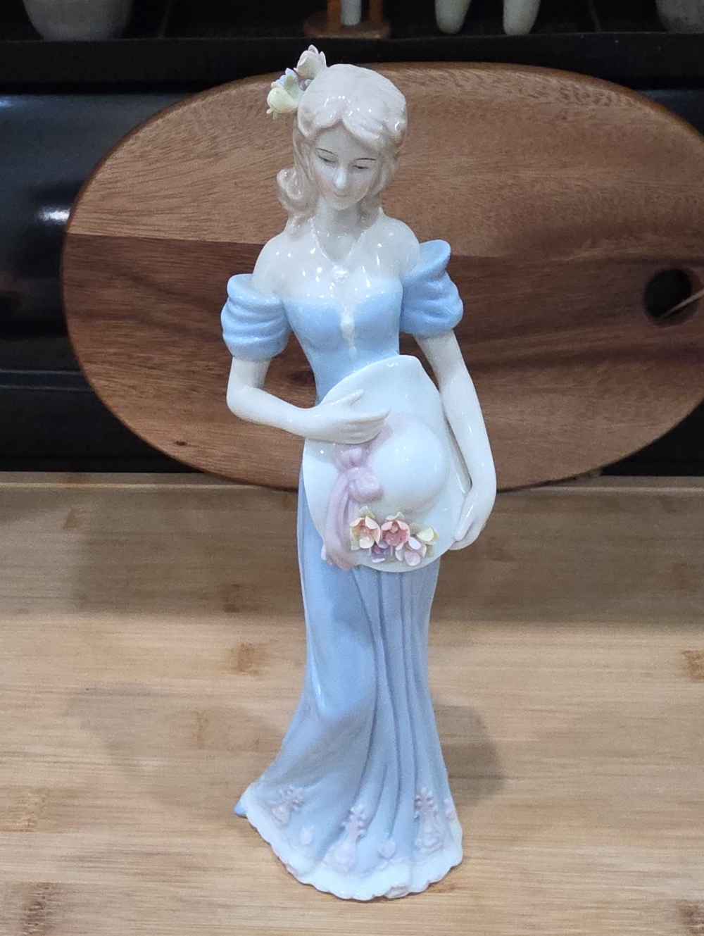 Porcelain Lady Figurine in Pastel Blue Dress with Floral Hat